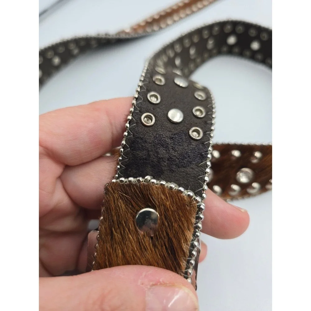 Nocona Belt Western Womens M Brown Studded Rhinestone Calf Hair Leather
